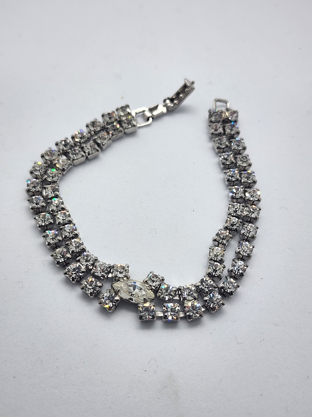 Vintage Signed Kramer Clear Rhinestone Double Row Bracelet - 1950s Marquise